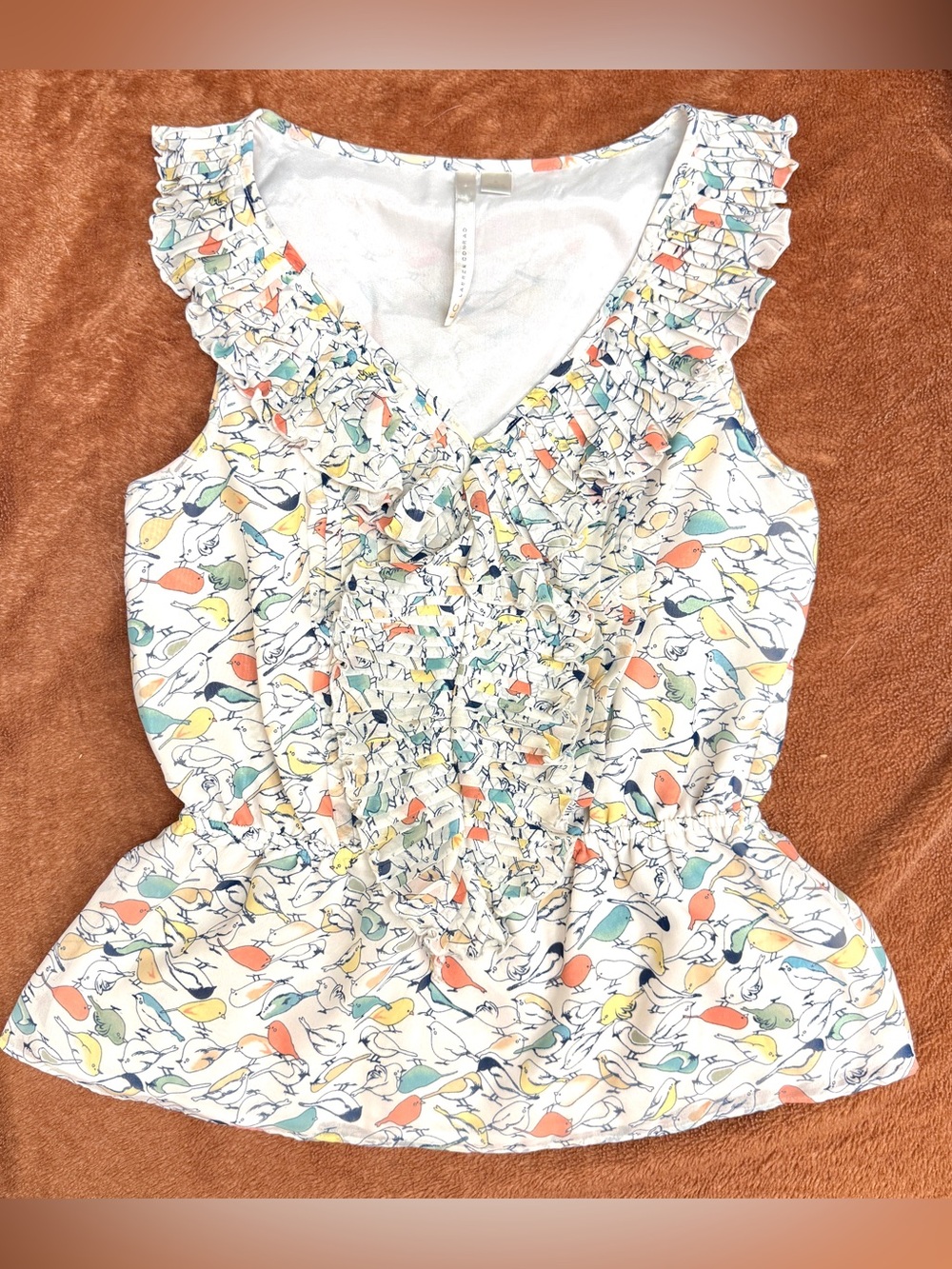 Lauren Conrad women’s sleeveless lined ruffled bird blouse size small white